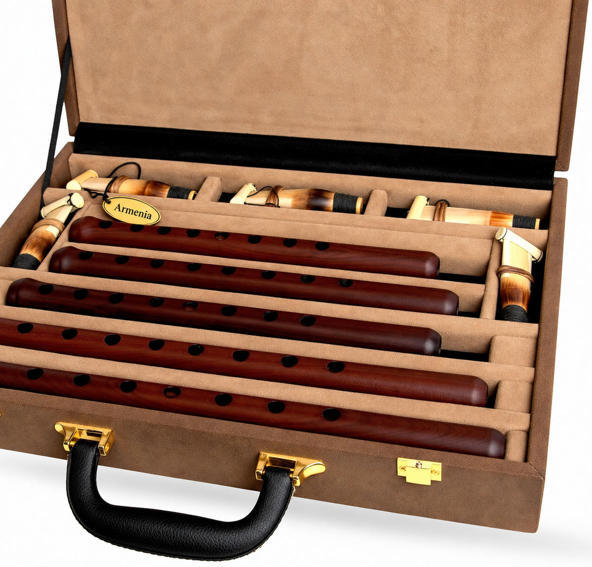 Professional Apricot Wood Duduk Set 5 Duduks in different keys: A, B, C, D, E – Handmade Armenian Flutes with 5 Reeds