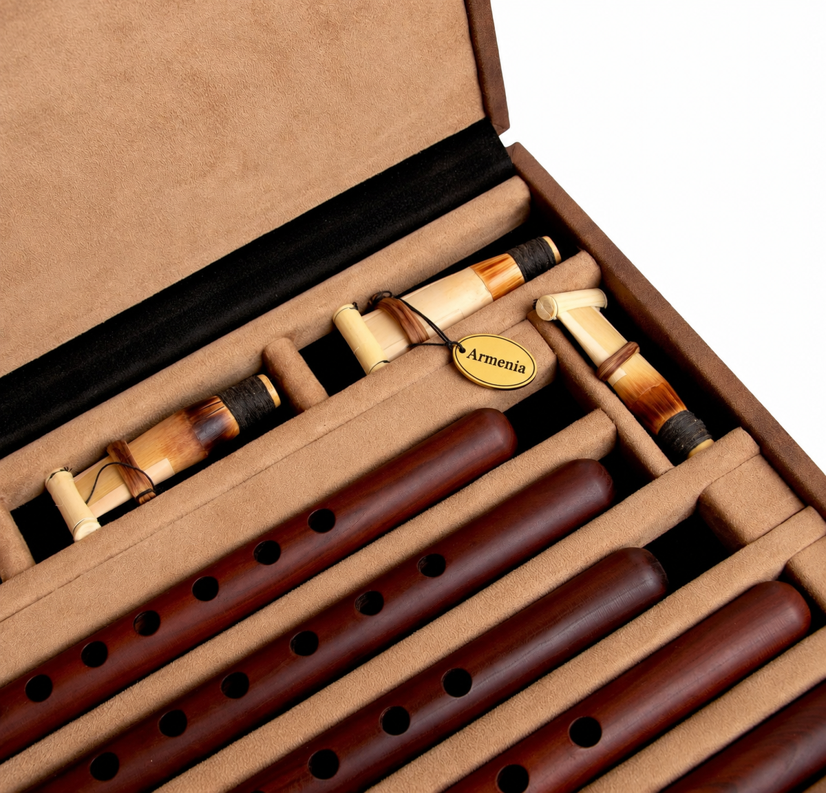 Professional Apricot Wood Duduk Set 5 Duduks in different keys: A, B, C, D, E – Handmade Armenian Flutes with 5 Reeds